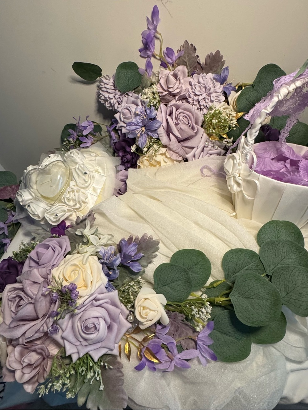 Lilac And Cream Faux Florals And Accessories For Wedding, Ring Cushion Petals